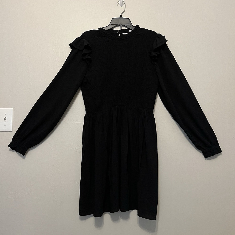 Black Smocked Ruffled Puff Sleeve‎ Witchy Gothic Dress with Pockets by Gap Large